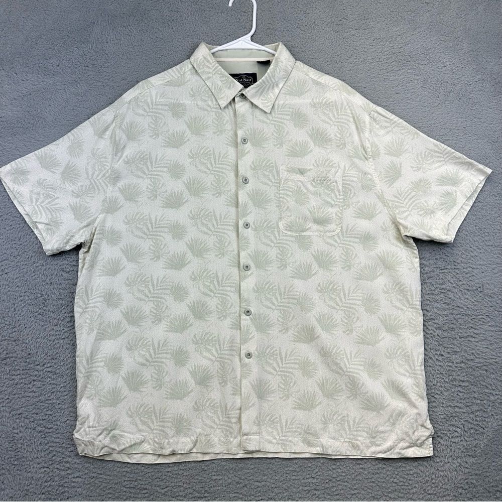 Nat Nast Mens XL Beige Silk Blend Hawaiian Palm Beach Summer Button Up Shirt